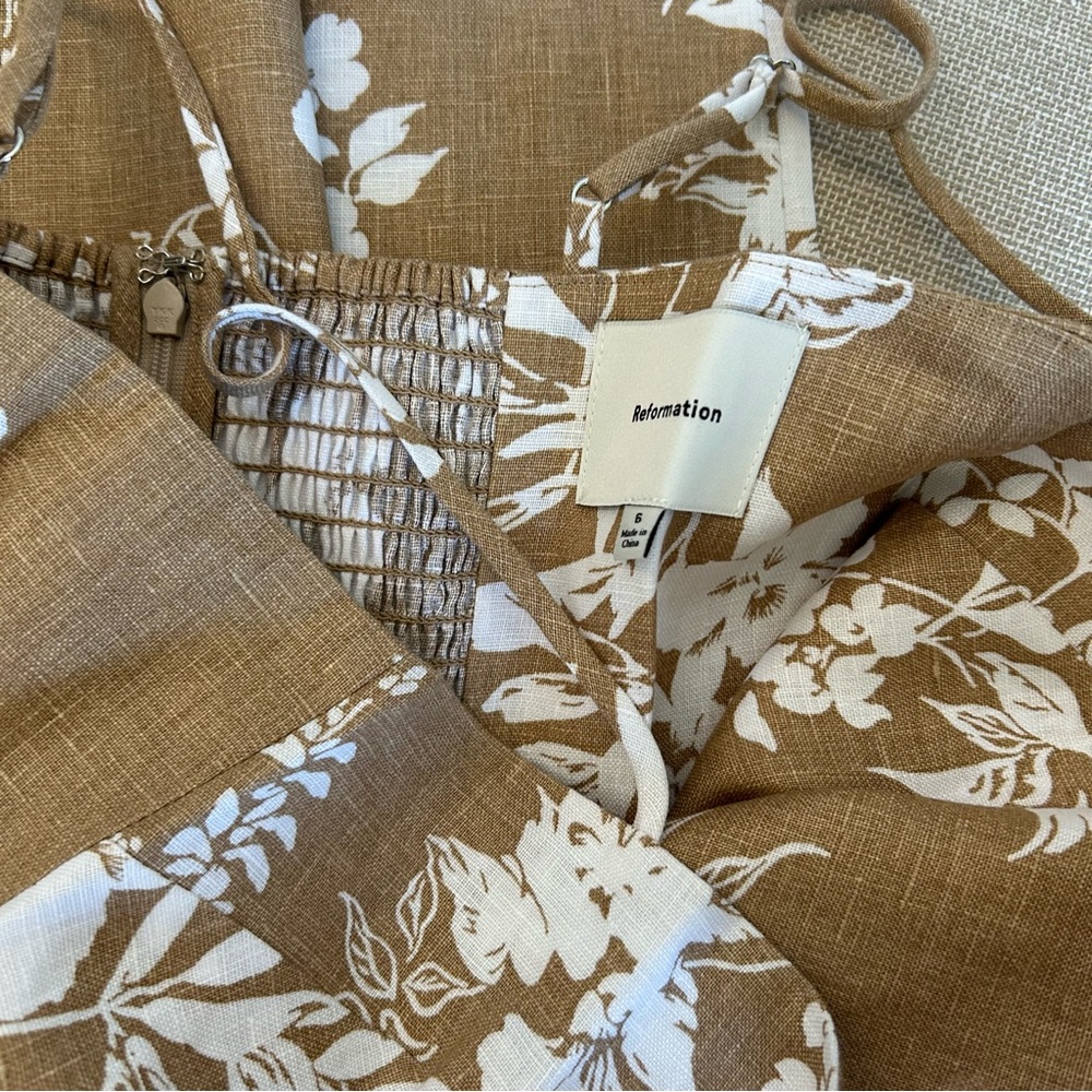 BEST Reformation Frankie Linen Midi Dress - Dune Tan White Floral Wedding - Picture 8 of 11